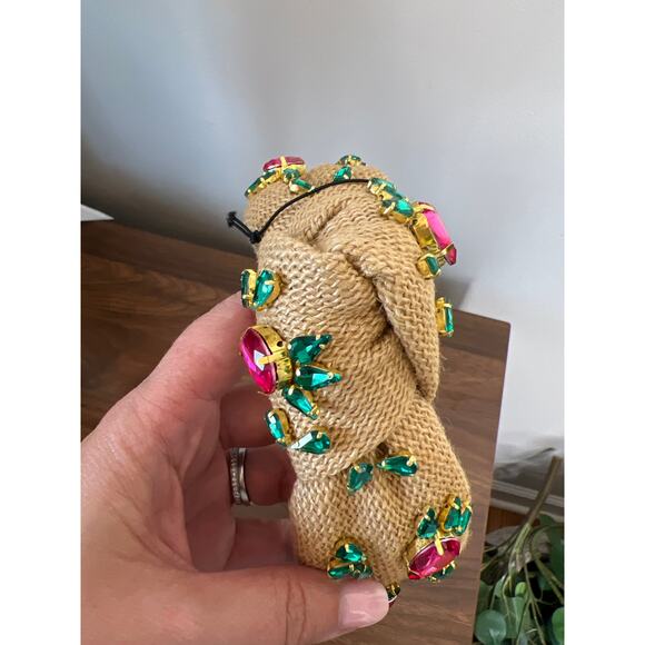 NWT Lele Sadoughi Crystal Radish Knotted Jute Gold-Pleated Headband Brown - Picture 5 of 10